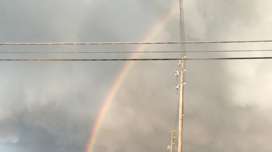 A rainbow arc behind power lines.